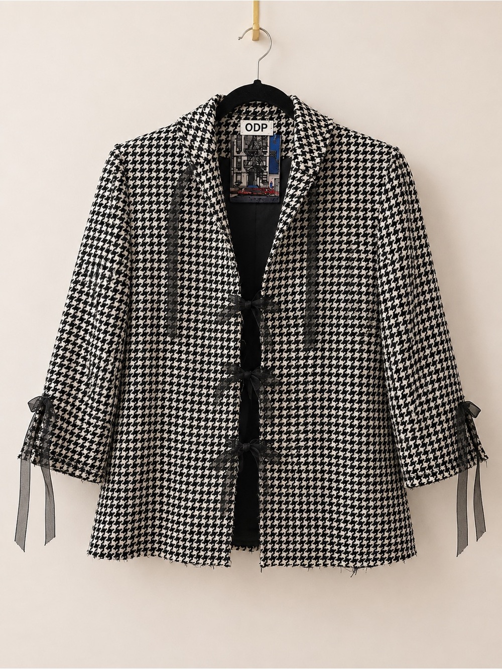 Vintage ODP Houndstooth Raw Edge Ribbon Tie Blazer Jacket | Black Cream